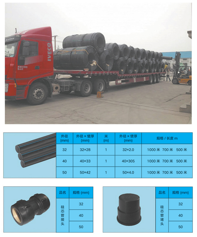 高密度聚乙烯(HDPE )硅芯管制作，系采用特種HDPE原料加硅料共擠復(fù)合而成，具備以下基本特性: 1.管道的強(qiáng)度，包括抗壓，抗張和抗沖擊能力，充分考慮到光(電)纜保護(hù)所需的安全系數(shù)，不再需要大管作外層保護(hù)。 2、硅管曲率半徑小，為其外徑的十倍。敷管時(shí)遇到彎曲處和上下管落差處可隨路而轉(zhuǎn)或隨坡而走，無(wú)須作任何特別處理，更不必設(shè)入井過(guò)渡。 3、其內(nèi)壁的硅芯層是固體的，永久的潤(rùn)滑濟(jì)。 4、其內(nèi)壁的硅芯層被同步擠壓進(jìn)壁內(nèi)，均勻地分布于整個(gè)內(nèi)壁，硅芯層與高度密聚乙烯具有相同的物理和機(jī)械特性:不會(huì)剝落，脫離。 5、其內(nèi)壁硅芯層的摩擦特性保持不變，纜線在管道內(nèi)反復(fù)抽取。 6、其內(nèi)璧的硅芯層不與水溶，污物進(jìn)管后可用水沖洗管道，可免遭嚙齒動(dòng)物破壞。7、抗老化，使用壽命長(zhǎng)，埋入地下可達(dá)50年以上。 8、耐候性能好。 9、施工快捷，可大降低工程造價(jià)。